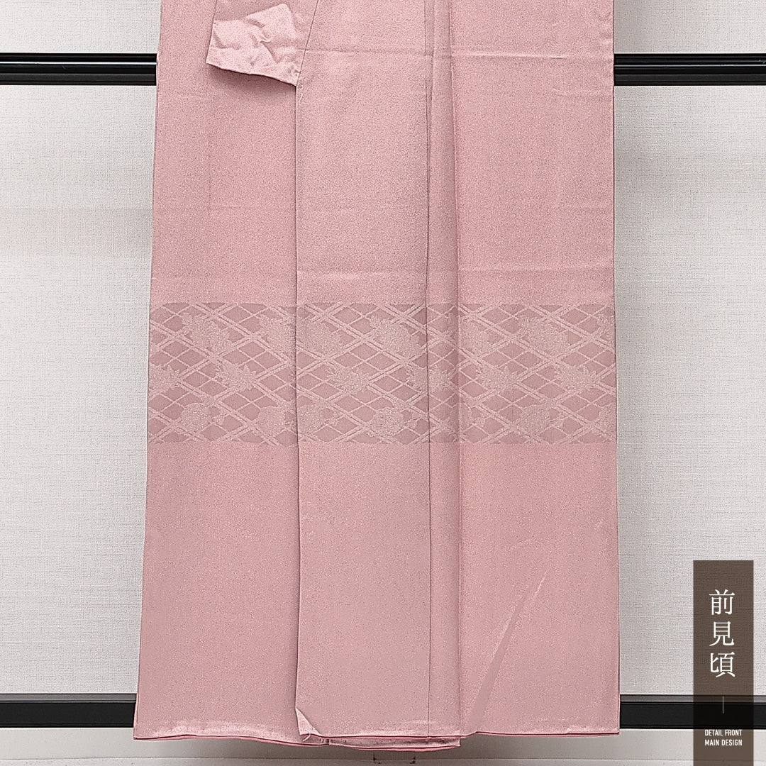 付下げ 袷 身丈154cm 裄丈64cm 正絹 Sランク インフォーマル 広衿 Sサイズ 菊 紅葉 桜 ピンク系 RP 1218-14171
