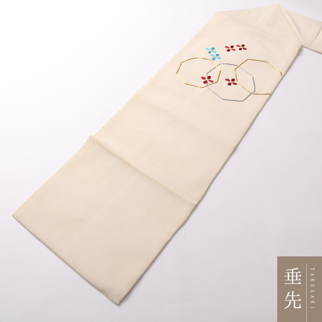 九寸名古屋帯 Cランク 帯丈350cm 正絹 ポイント柄 名古屋仕立て 織り セミフォーマル 亀甲 花柄 クリーム系 RP 1245-02816