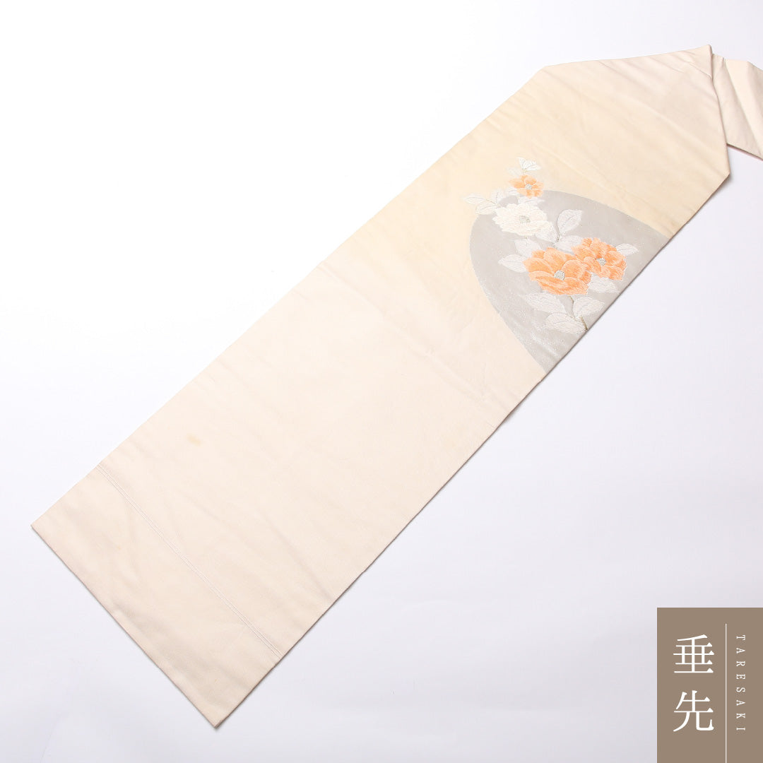 名古屋帯 ポイント柄 帯丈350cm セミフォーマル Cランク 正絹 椿 クリーム系 1224-02463