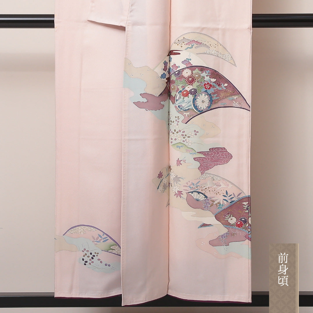 訪問着 袷 身丈150~154cm 裄61.5cm 正絹 花車や檜扇 ピンク系 Bランク 1212-00596