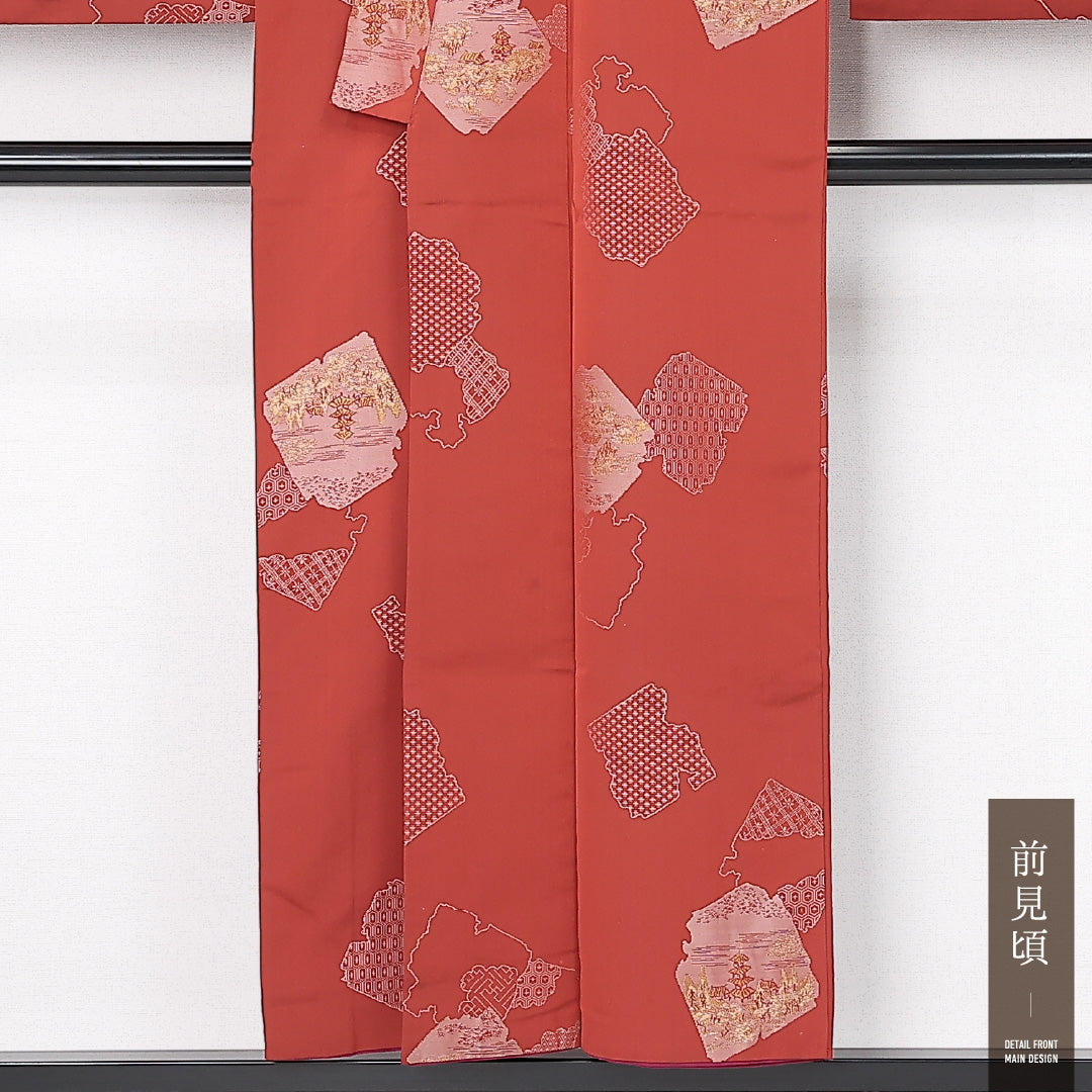 アンティーク お召 袷 身丈149cm 裄丈64cm 正絹 Aランク バチ衿 XSサイズ 楼閣 赤系 M4 1222-12515