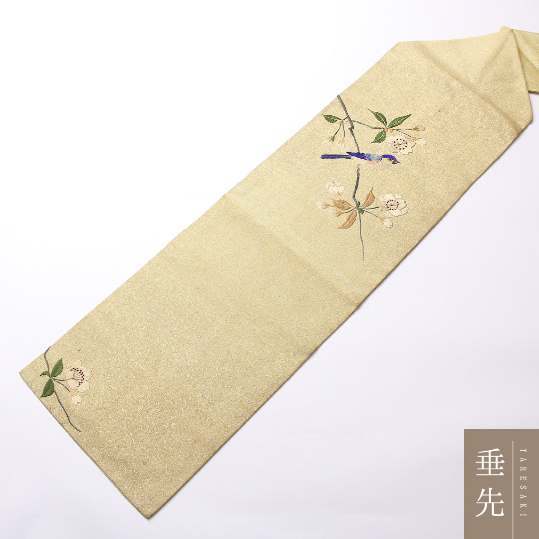 アンティーク 名古屋帯 ポイント柄 帯丈333cm Cランク 正絹 ルリ 桜 黄系 1224-02503