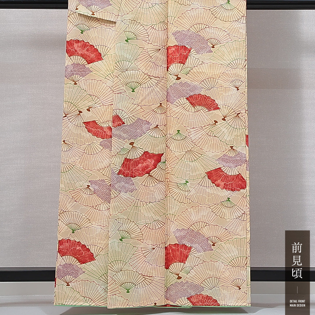 洗える着物 小紋 袷 身丈159cm 裄丈62cm ポリエステル Aランク インフォーマル 広衿 Mサイズ 扇 クリーム系 RP 1221-14994