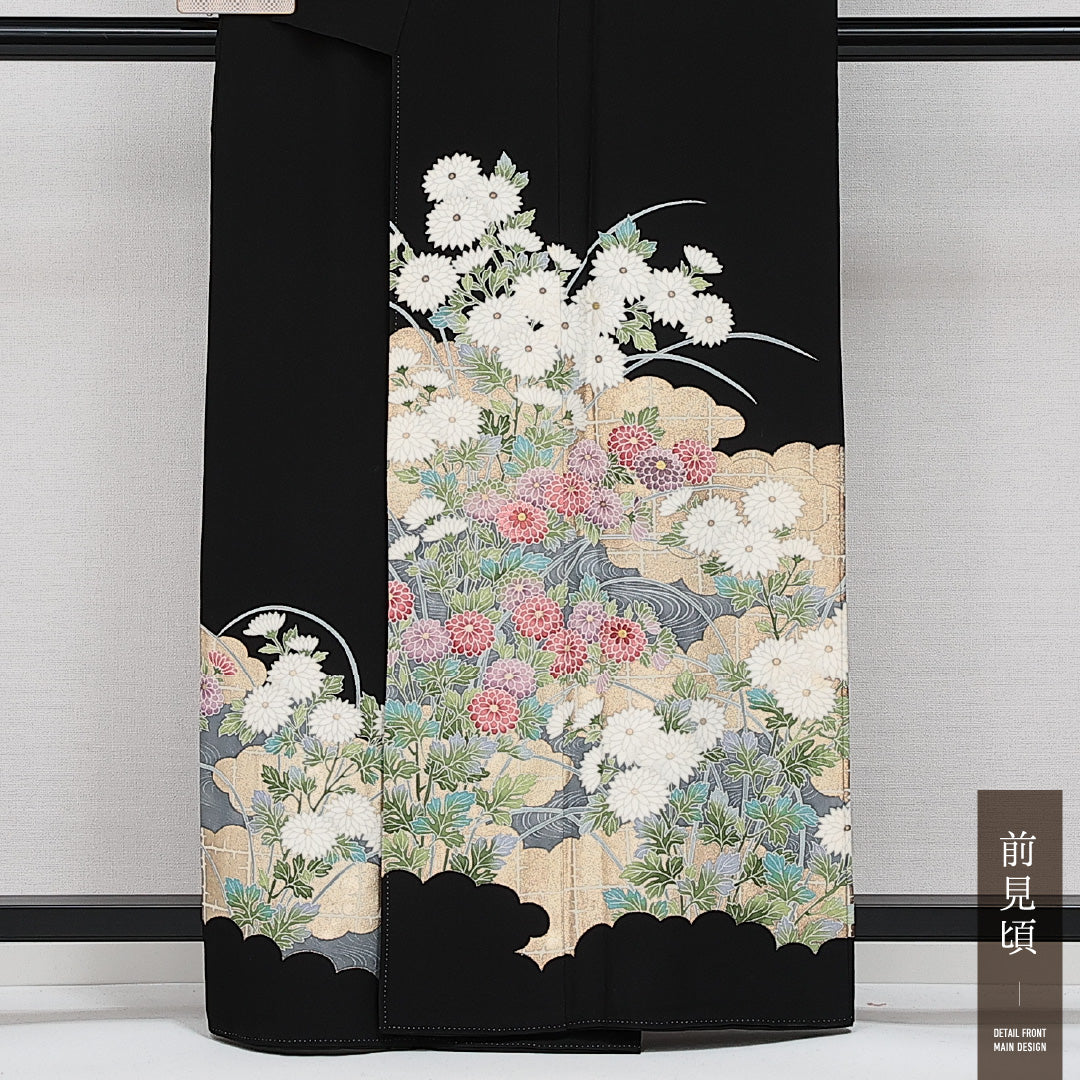 黒留袖 五つ紋 向い蝶 身丈158cm 裄丈64cm Sランク 正絹 袷 広衿 M 加賀友禅 雲取り 花柄 フォーマル 上品 華やか 黒系 1211-F0621
