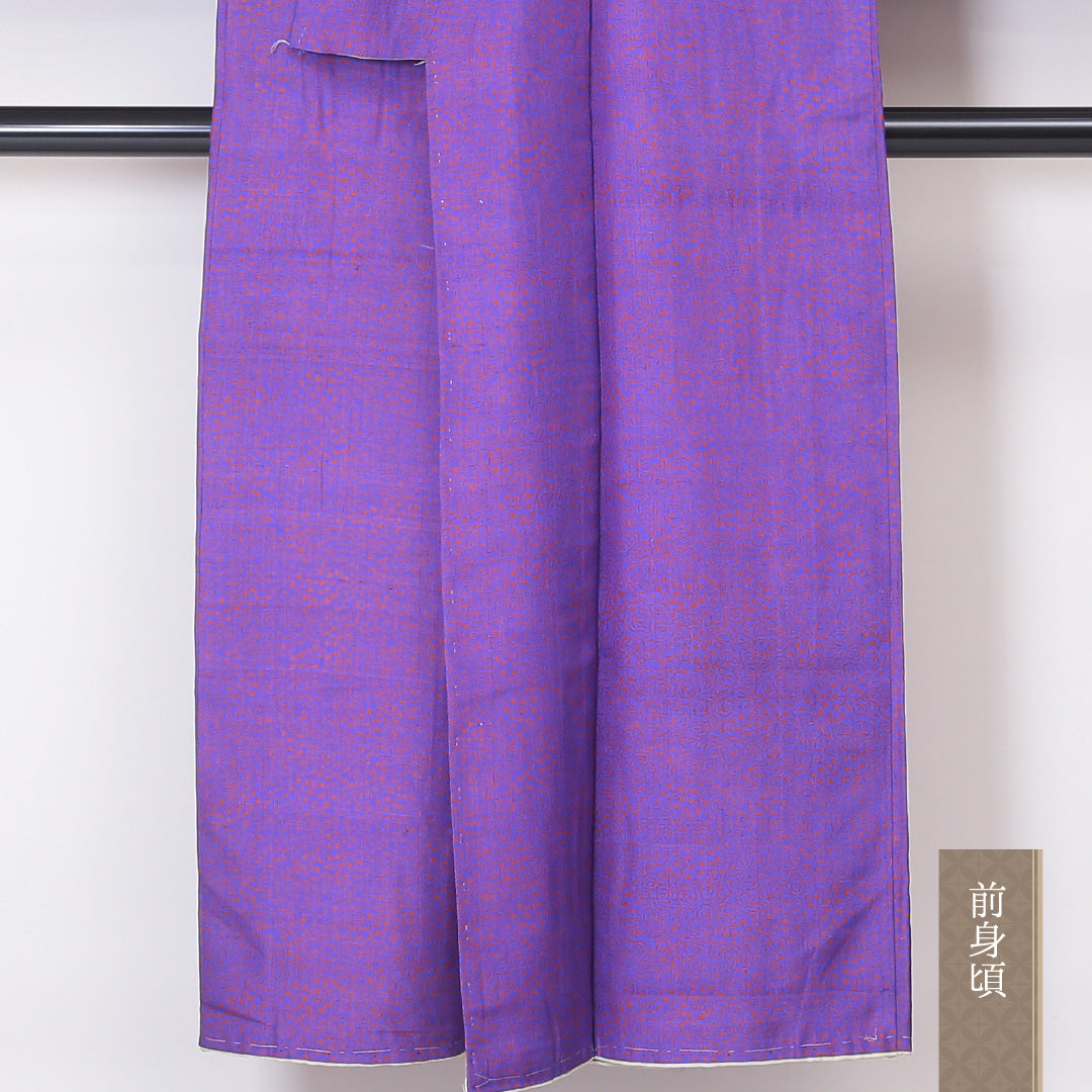 アンティーク 小紋 (錦紗) 袷 身丈147cm 裄丈62cm 正絹 Cランク 広衿 XSサイズ 唐草 紫系 RP 1221-02113
