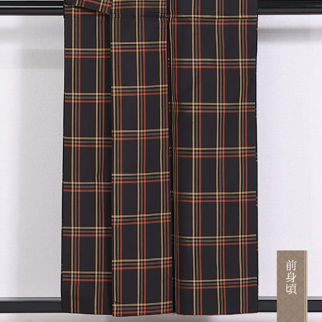 アンサンブル 大島紬 袷 身丈154cm 裄63.5cm 正絹 格子 道中着 茶系 Aランク 1216-01475