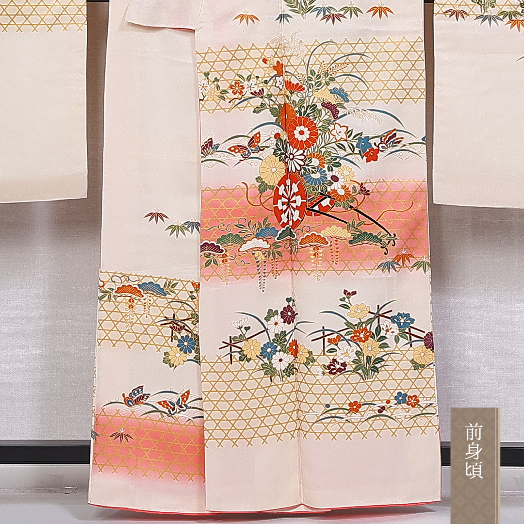 振袖 身丈161cm 裄丈64cm 袷 正絹 Sランク 広衿 笠松 花車 流水 菖蒲 籠目 1213-F0336