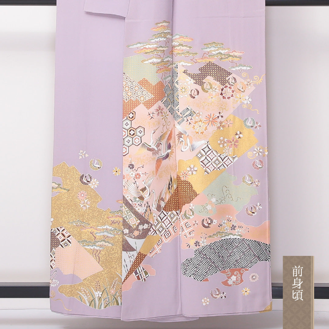色留袖 袷 身丈156cm 裄65cm 正絹 三つ紋 切嵌め 吉祥文様 花喰い鳥 蘇州刺繡 丸に剣片喰 紫系 Aランク 1211-00153