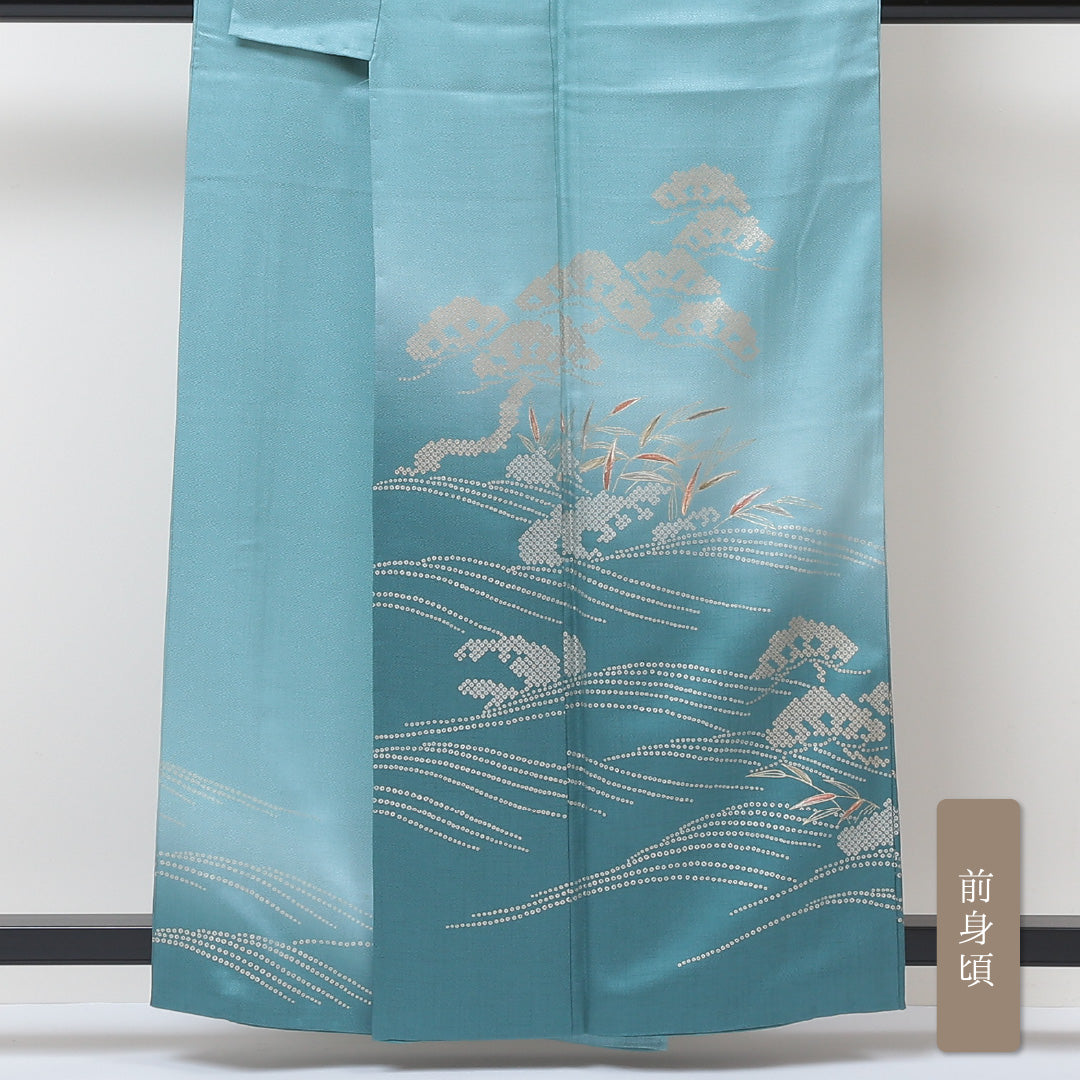 訪問着 袷 身丈157cm 裄65cm 正絹 緑系 Aランク 鹿の子 松 刺繍 金彩 1212003553319