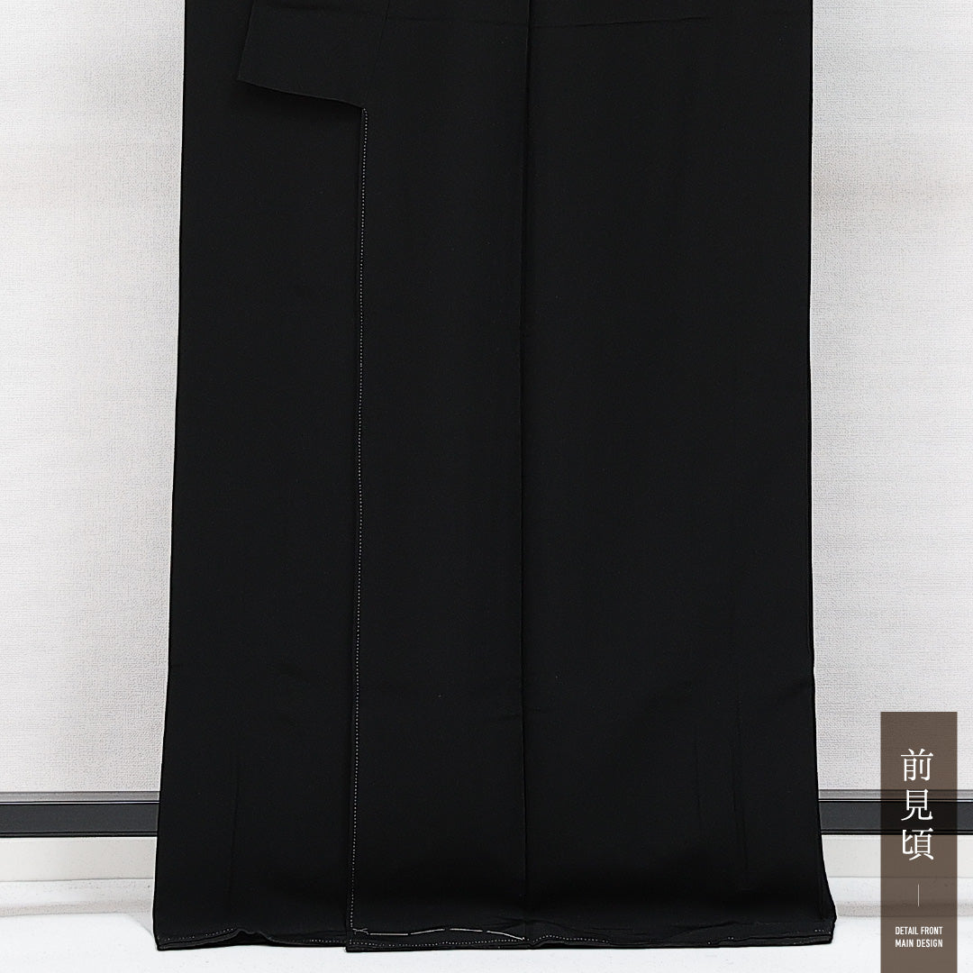 未使用品 黒紋付 五つ紋 丸に橘 身丈168cm 裄丈65cm Nランク 正絹 袷 広衿 XL しつけ糸 フォーマル 上品 厳か 黒系 1299-F0626
