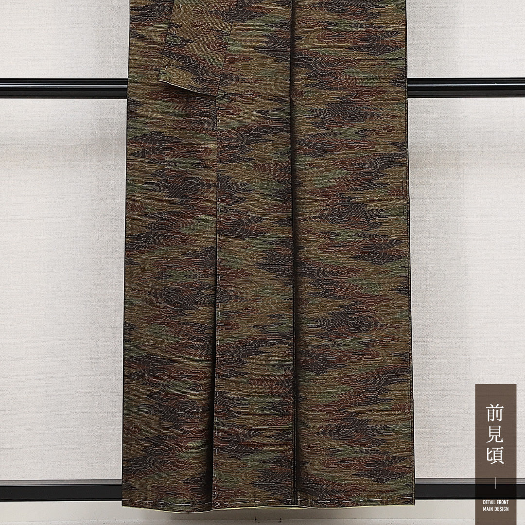 大島紬 袷 身丈154cm 裄丈63cm 正絹 Sランク インフォーマル 広衿 Sサイズ 緯総絣 風景柄 茶系 RP 1223-14070