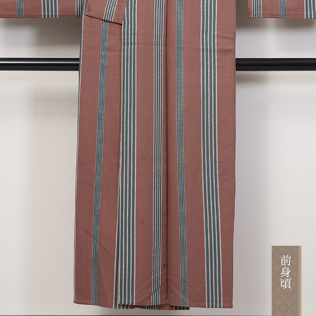 アンティーク 小紋 単衣 身丈147cm 裄丈62cm 正絹 Cランク XSサイズ 広衿 ちりめん 縞 茶系 1215-02298