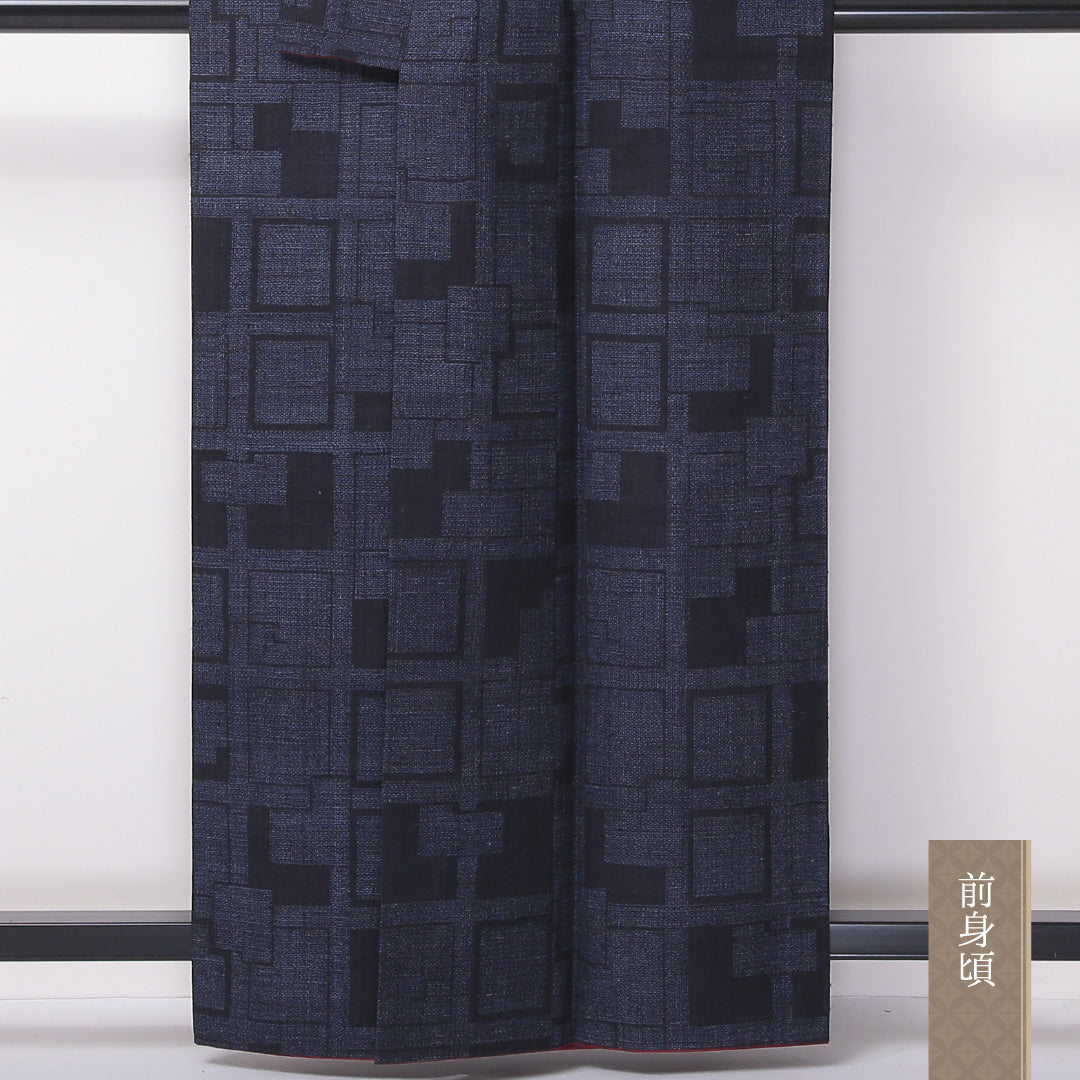 紬 袷 身丈161cm 裄丈62cm 正絹 Aランク カジュアル 広衿 Lサイズ 十字亀甲 紺系 HP 1223-03591