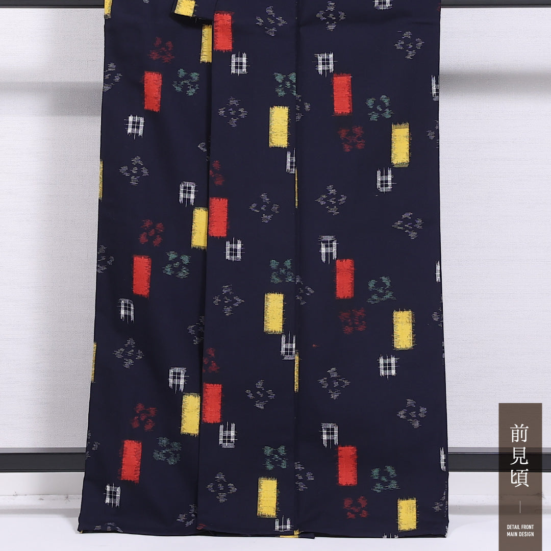 洗える着物 ウールの紬 単衣 身丈164cm 裄丈67cm ウール Sランク カジュアル バチ衿 Lサイズ 創作柄 紺系 RP 1223-11781