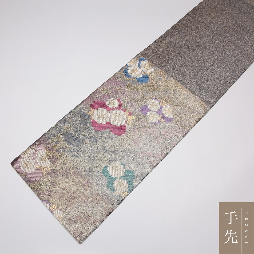 振袖用 袋帯 帯丈444cm 正絹 六通 ふくれ織 桜 銀系 1243-01232