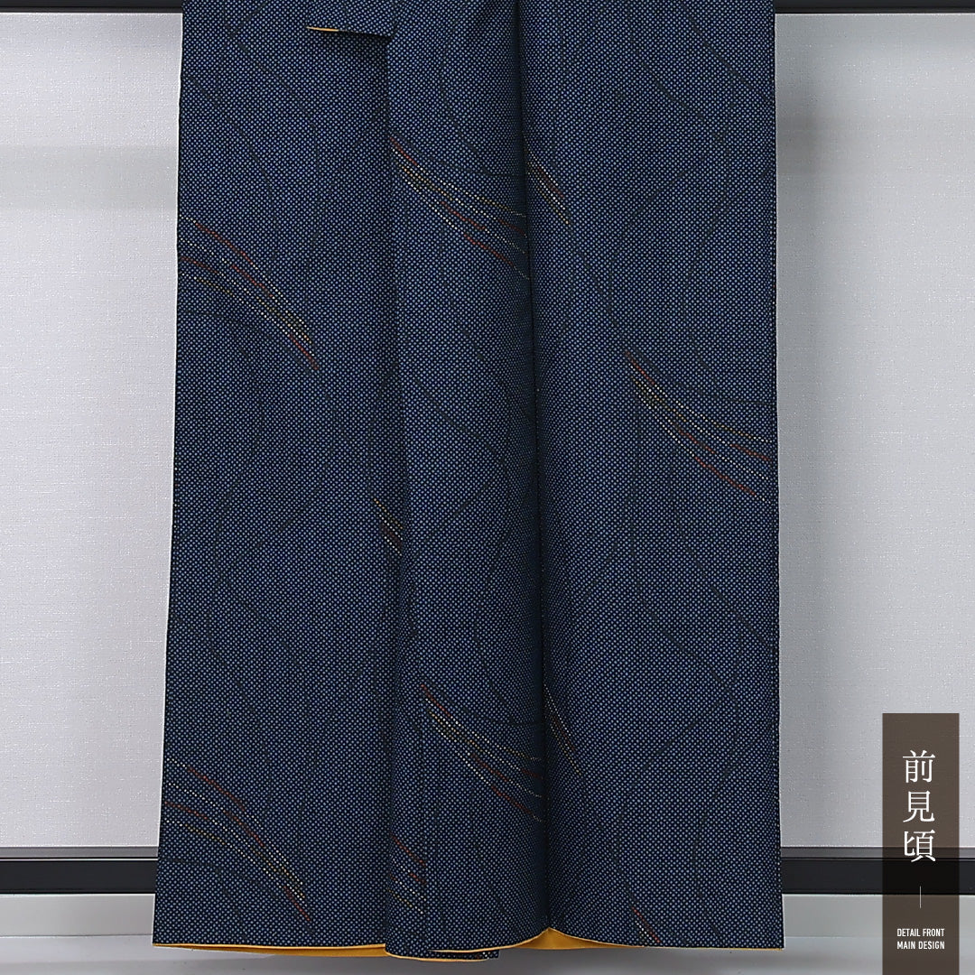 洗える着物 小紋 袷 身丈158cm 裄丈64cm ポリエステル Aランク インフォーマル バチ衿 Mサイズ 創作柄 紺系 RP 1221-12373