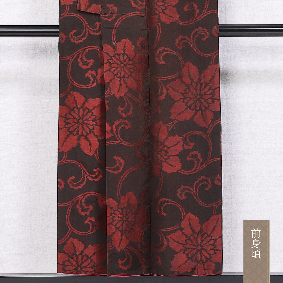 アンティーク お召 袷 身丈149cm 裄丈60cm 正絹 Aランク バチ衿 XSサイズ 唐華 黒系 PO 1222-10961