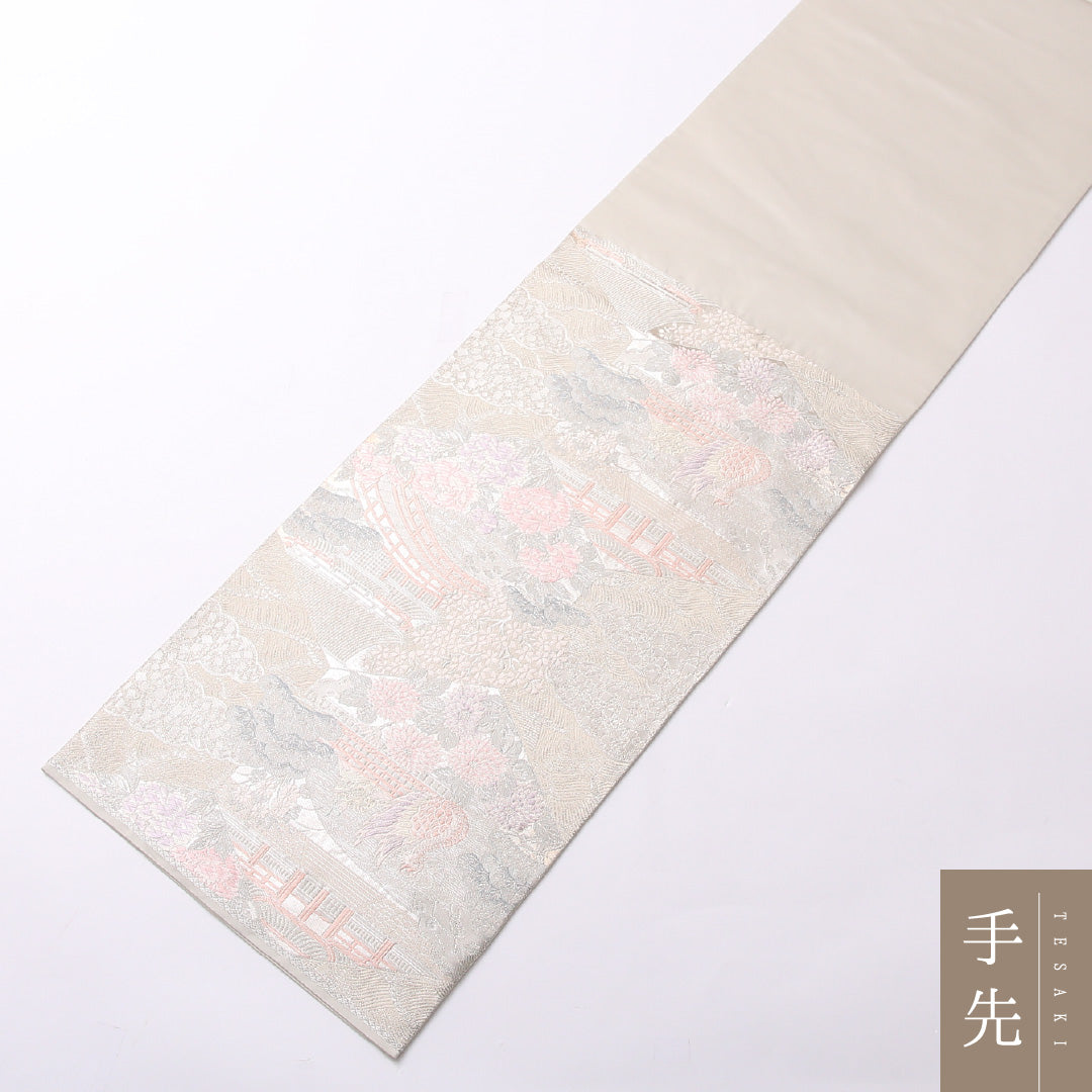 未使用品 袋帯 帯丈428cm 正絹 六通 セミフォーマル 平等院鳳凰堂 銀系 1243-01519