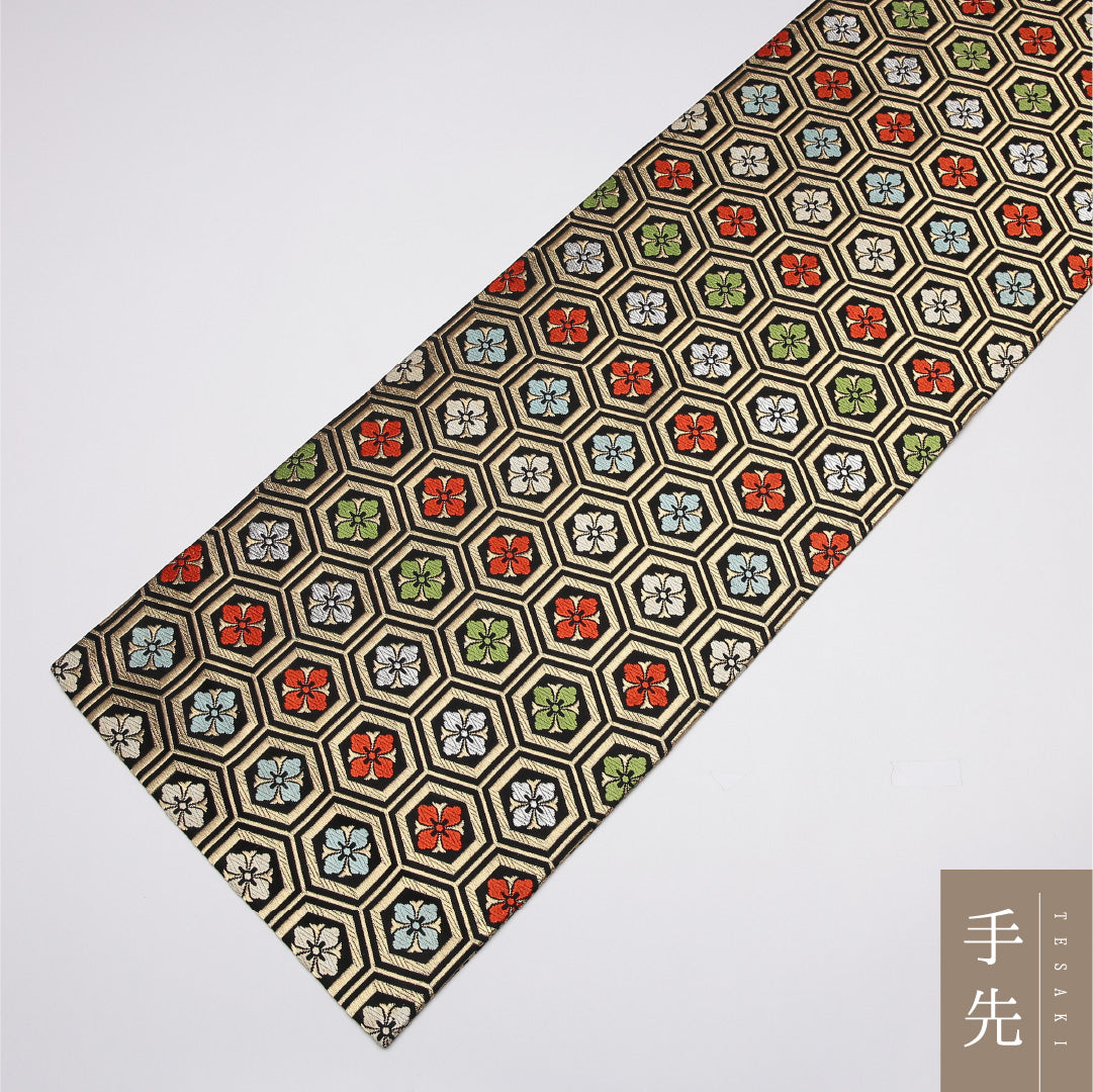 名古屋帯 帯丈404cm Sランク 開き仕立て 全通 正絹 花菱 亀甲 セミフォーマル 金系 1224-01630