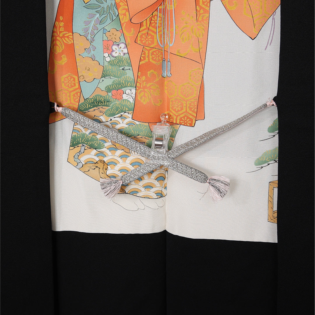 黒羽織 袷 身丈83cm 裄丈66cm 正絹 Sランク 一つ紋 (五三桐) セミフォーマル Mサイズ 刺繍 紐あり 七宝 牡丹 紅葉 小槌 黒系 RP 1233-12752