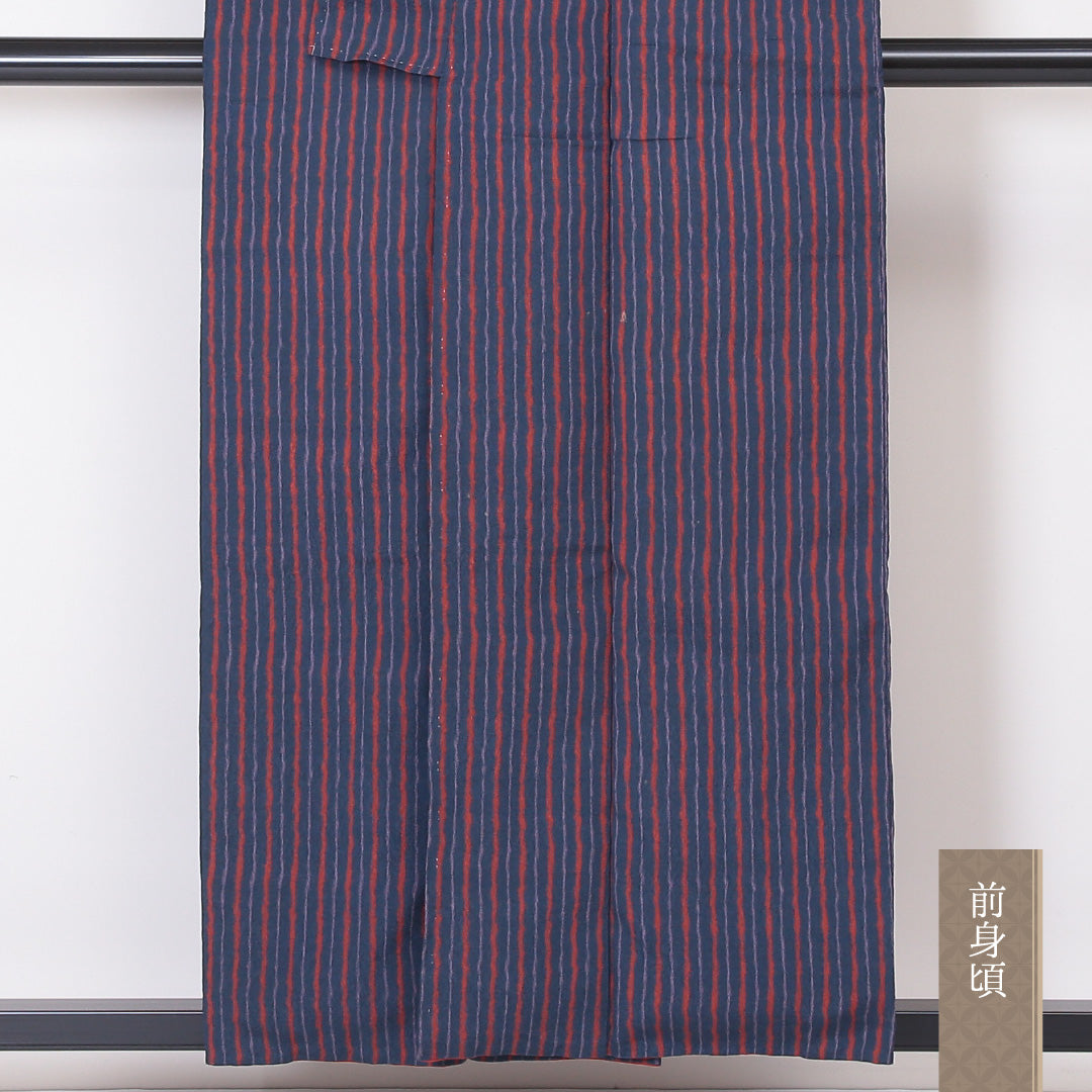 紬 袷 身丈156cm 裄64cm 正絹 縞 紺系 Aランク 1216-00941