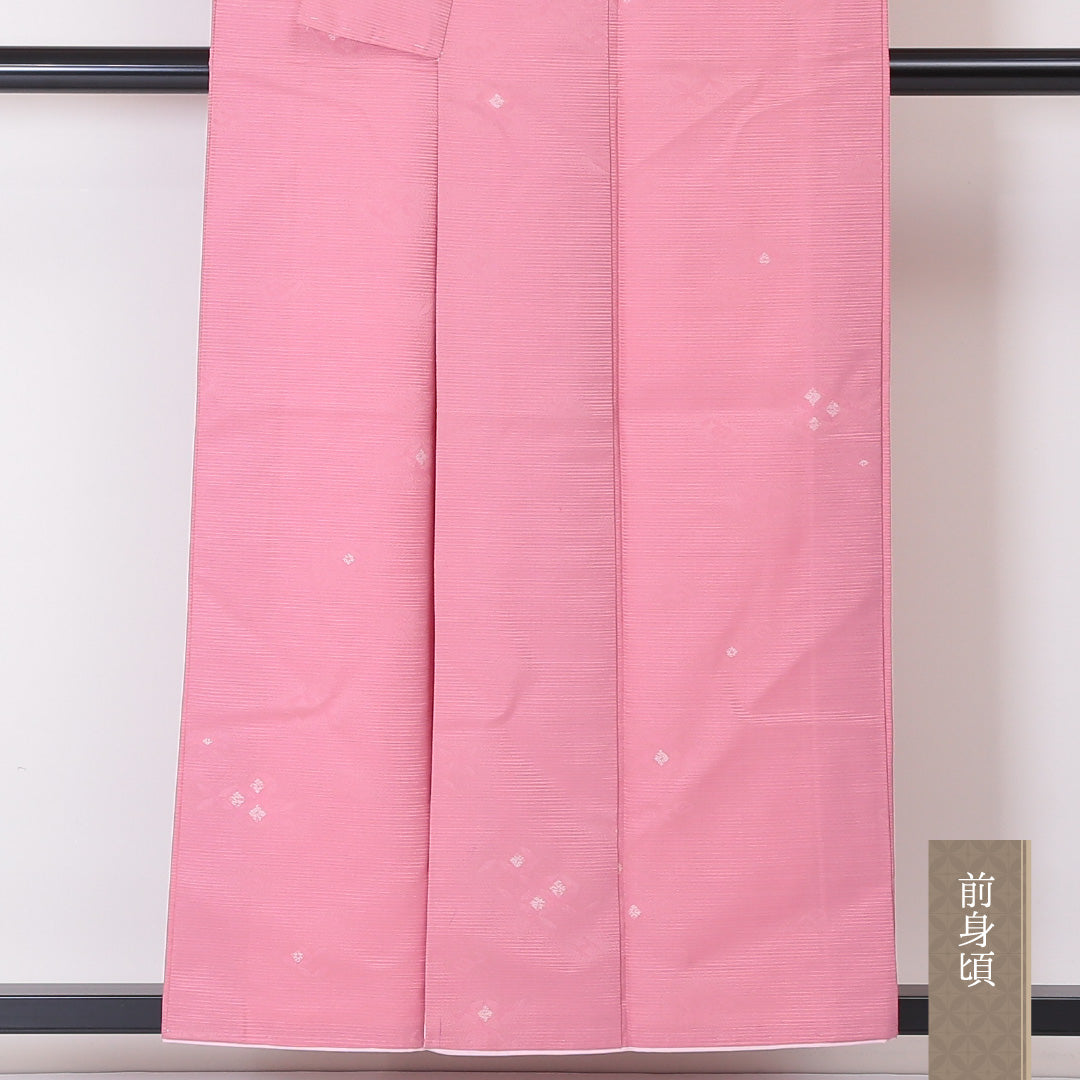 小紋 袷 身丈153cm 裄63cm ポリエステル 洗える着物 草花 ピンク系 ふくれ織 Aランク 1215-02061