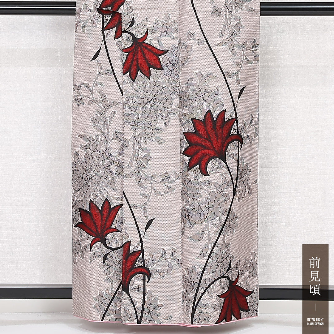 アンティーク お召 袷 身丈150cm 裄丈65cm 正絹 Aランク バチ衿 Sサイズ 植物柄 グレー系 RP 1222-13221