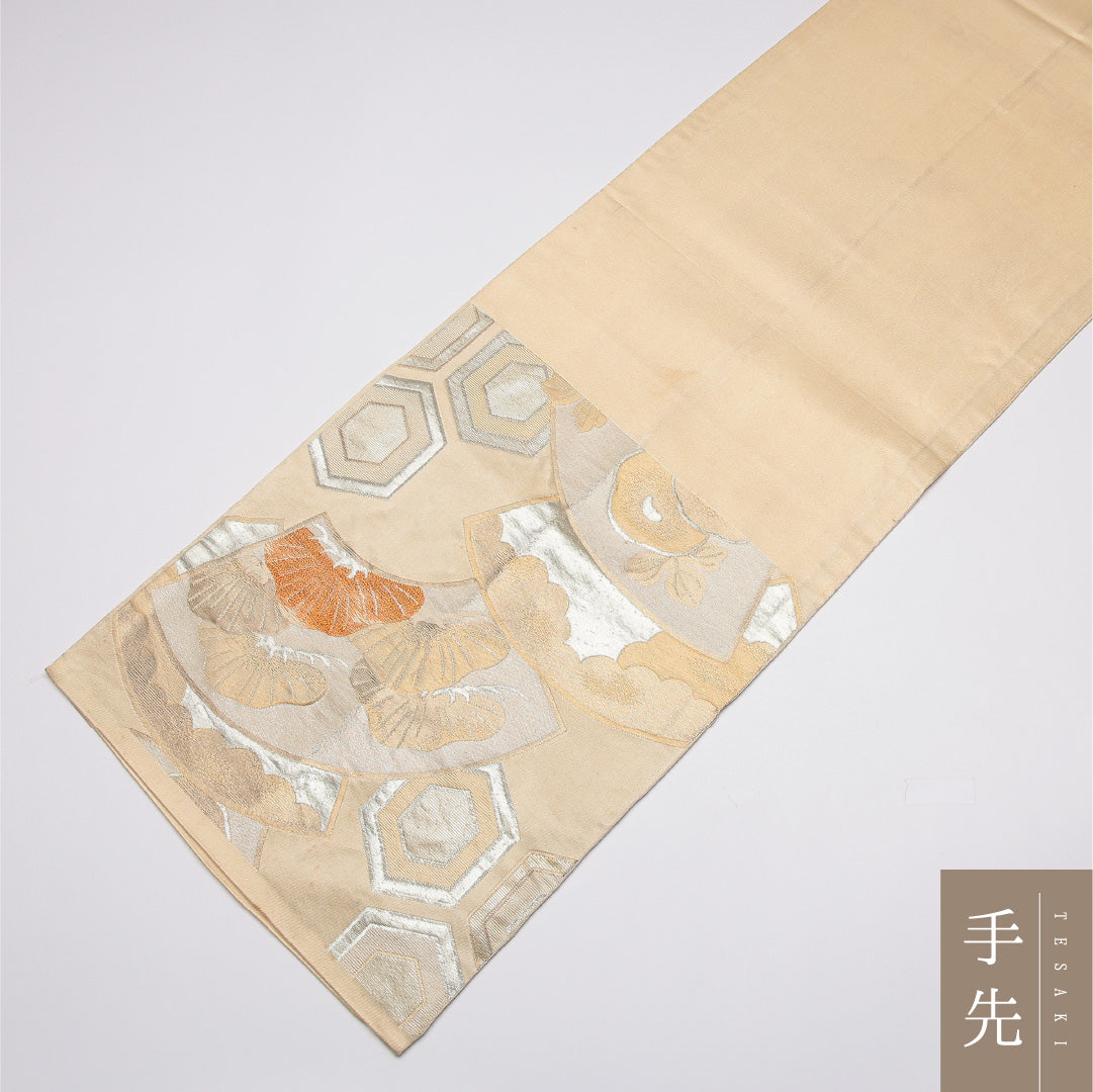 京袋帯 帯丈396cm Cランク 開き仕立て 六通 正絹 京袋帯 亀甲 笠松 フォーマル セミフォーマル 金系 1224-01602
