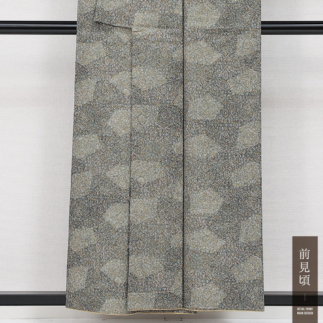 江戸小紋 袷 身丈154cm 裄丈61cm Sランク 正絹 広衿 Sサイズ インフォーマル 寄せ柄 シック 粋 グレー系 黄系 1262-14264