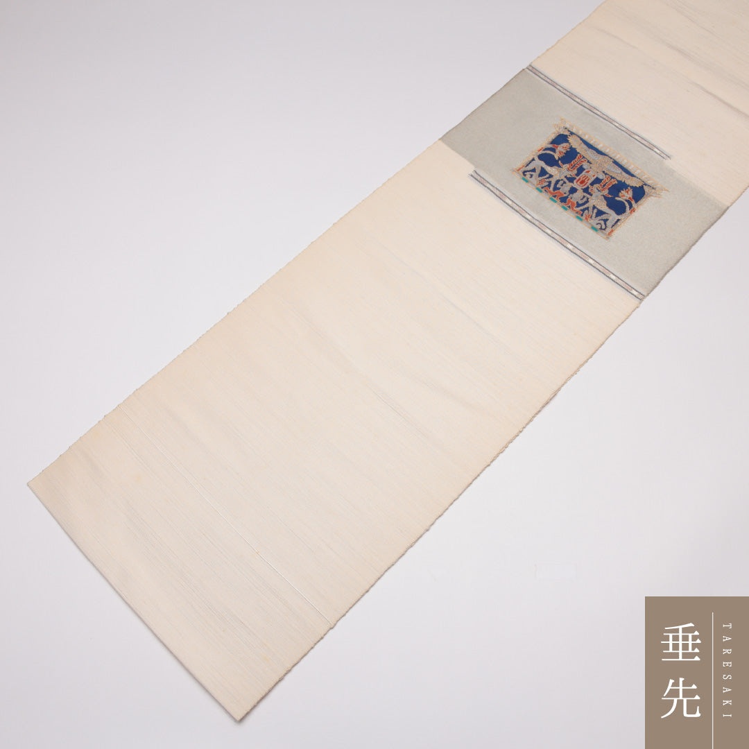 名古屋帯 帯丈360cm Cランク 名古屋仕立て ポイント柄 正絹 オリエンタル エジプト壁画 カジュアル 白系 1224-01552