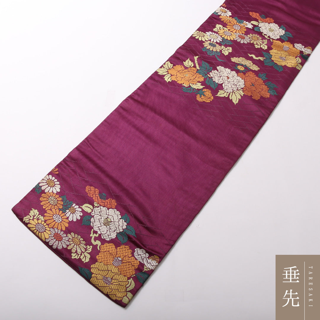 アンティーク 九寸 名古屋帯 帯丈330cm 名古屋仕立て ポイント柄 Aランク カジュアル 正絹 菊 古典的 気品 紫系 1224-03120