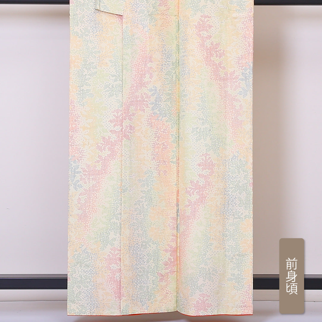 紬 袷 身丈159cm 裄62.5cm 本場越後伝承紬 正絹 クリーム系 Aランク 証紙 1216-00792-3315
