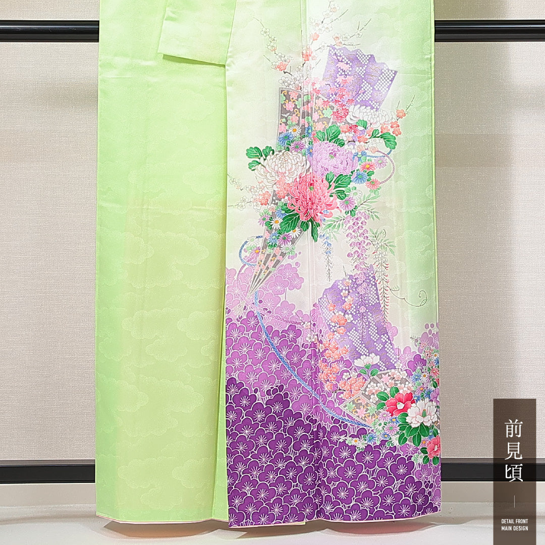 訪問着 洗える着物 袷 身丈158cm 裄丈62cm ポリエステル Bランク Mサイズ 広衿 セミフォーマル 吉祥文様 緑系 1212-14923