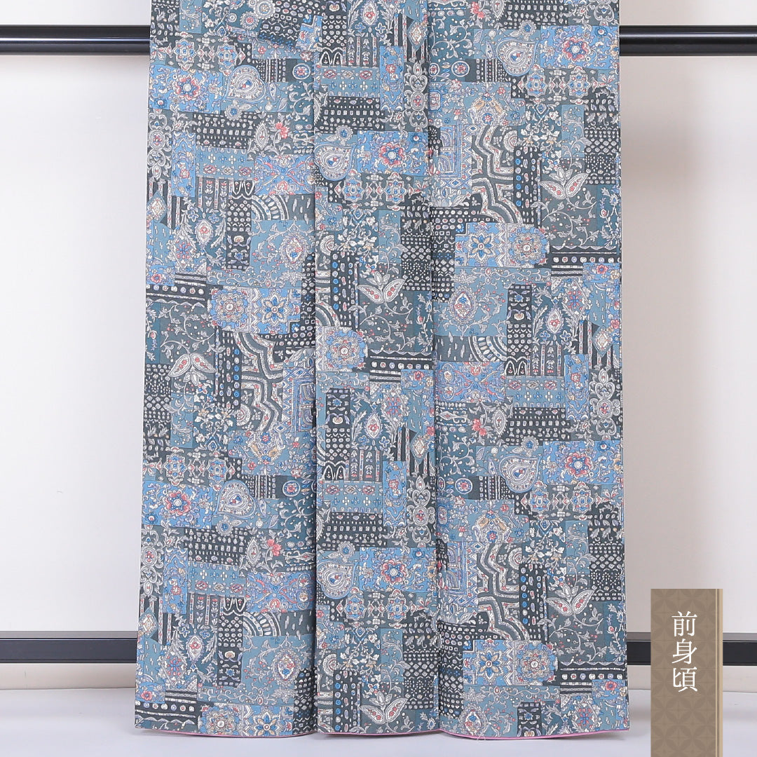 小紋 袷 身丈162cm 裄丈65cm 正絹 Sランク Lサイズ 広衿 インフォーマル 更紗 唐華 グレー系 1215-02032