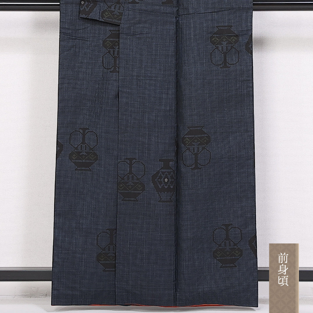大島紬 袷 身丈160cm 裄丈61cm 正絹 Aランク インフォーマル 広衿 Lサイズ 壺 紺系 RP 1223-10119