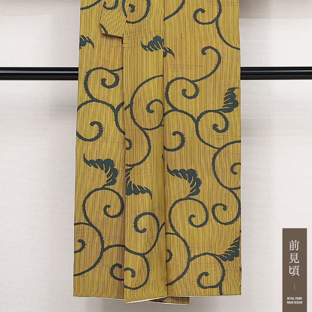 アンティーク 小紋 袷 身丈139cm 裄丈61cm 正絹 Aランク バチ衿 XSサイズ 唐草 黄系 RP 1221-14109