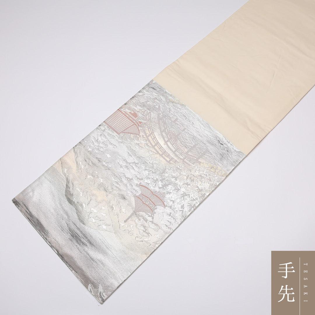 袋帯 帯丈432cm 六通 京洛百景 フォーマル セミフォーマル 緑系 正絹 Aランク 1223-01088