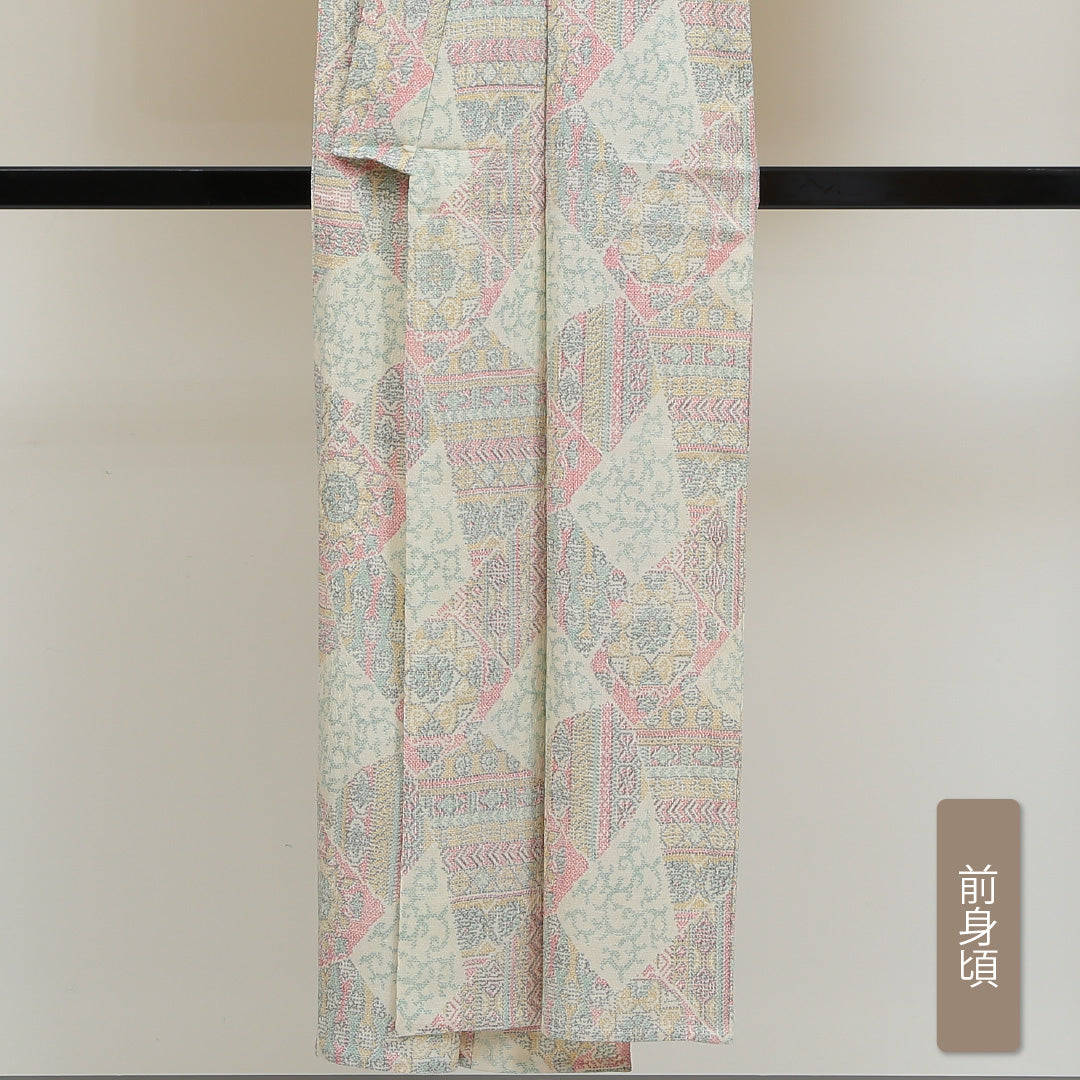 小紋 単衣 身丈150cm 裄63cm クリーム系 ウール Aランク 1215010243215