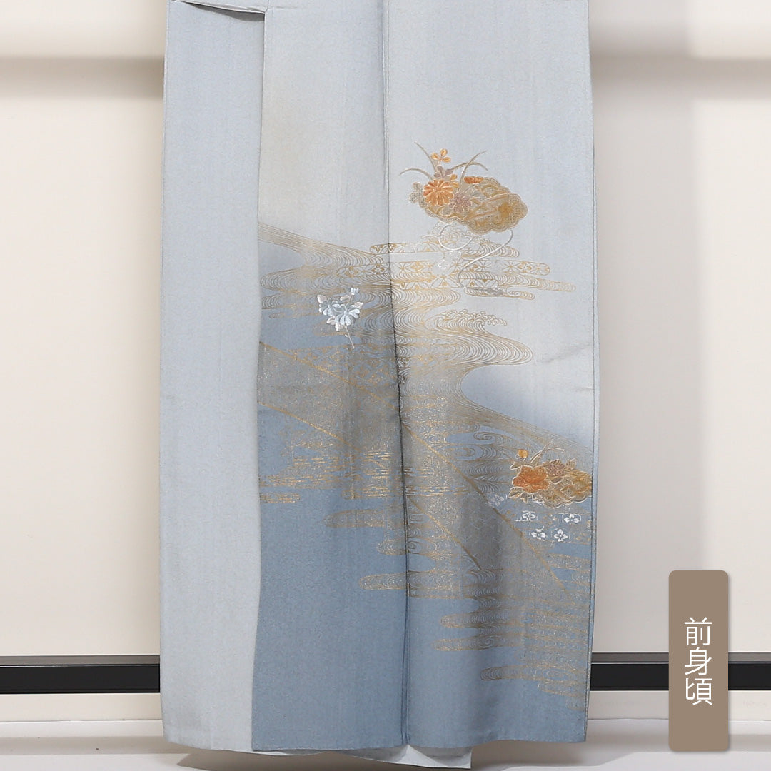 訪問着 袷 身丈159cm 裄丈63cm 正絹 Bランク セミフォーマル 広衿 Mサイズ 金彩 蘇州刺繍 汕頭刺繍 吉祥文様 水色系 HP 1217-04418