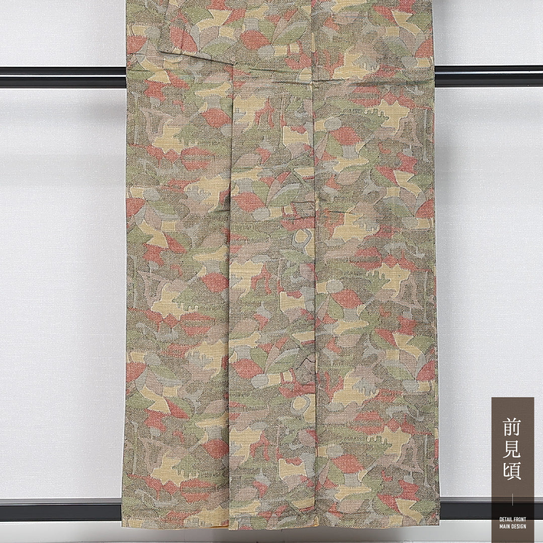 紬 袷 身丈154cm 裄丈62cm 正絹 Sランク カジュアル 広衿 Sサイズ 花柄 緑系 RP 1223-12053