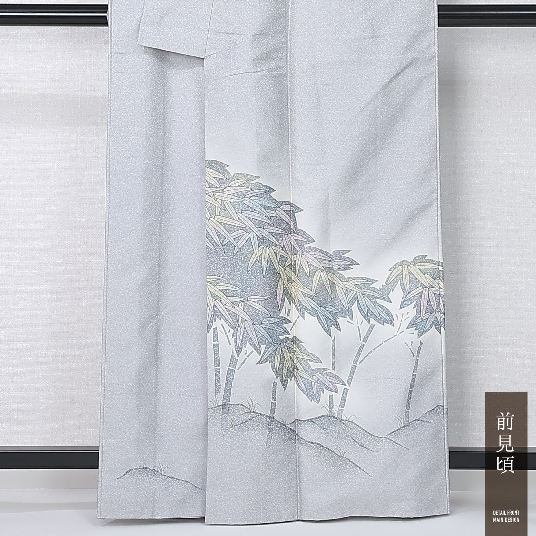 訪問着 袷 身丈161cm 裄丈67cm 正絹 Sランク セミフォーマル 広衿 Lサイズ 濱屋修一郎 作家物 落款 笹 グレー系 RP 1217-12391