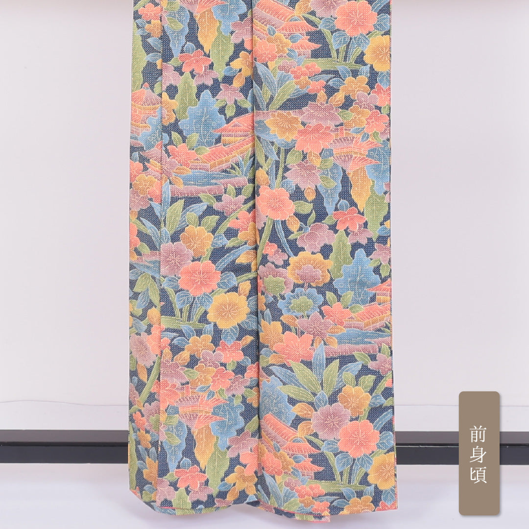 小紋 袷 身丈157cm 裄63cm 紺系 ボタニカル 楼閣 花柄 洗える着物 Sランク 1215-00080-2318