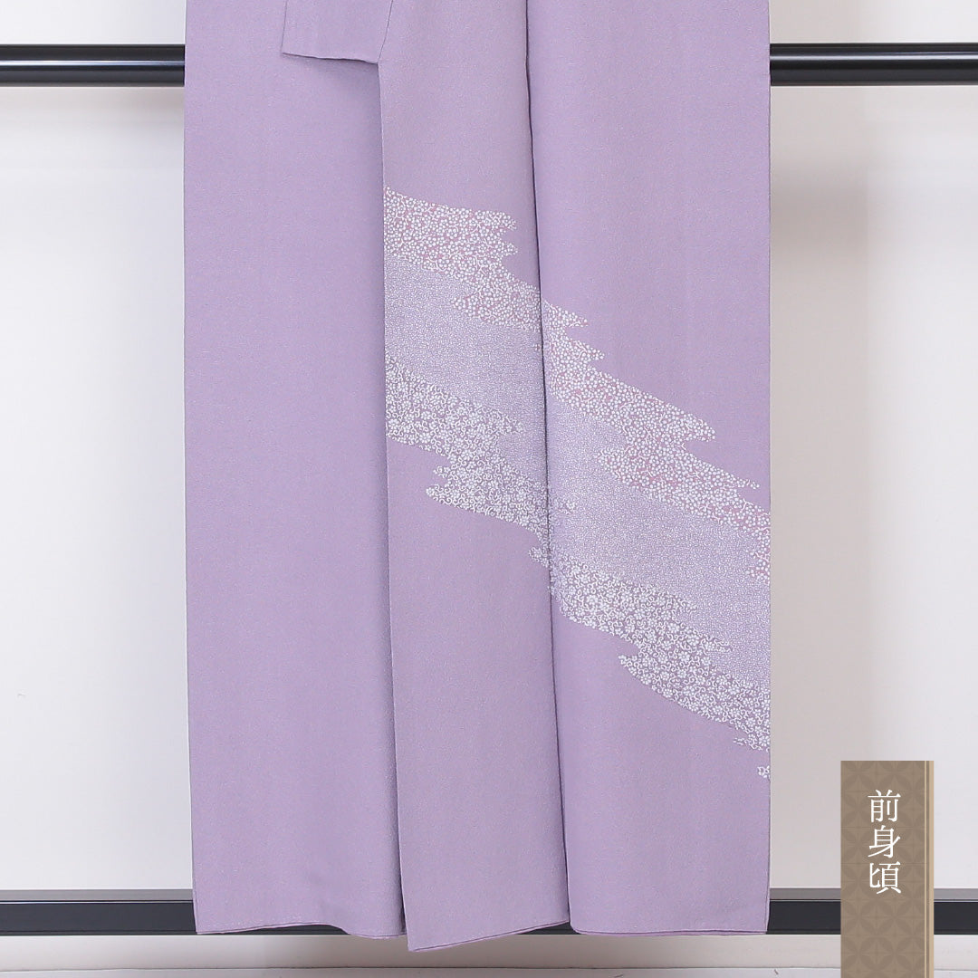 訪問着 袷 身丈153cm 裄丈64cm 正絹 Bランク セミフォーマル 広衿 Sサイズ 落款 花柄 鮫 紫系 RP 1217-04557