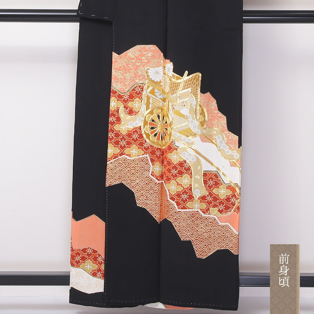 黒留袖 袷 身丈156cm 裄64cm 正絹 五つ紋 金駒刺繡 比翼仕立て 御所車 金彩 花菱 丸に三つ柏 黒系 しつけ糸 Cランク 1211-00126
