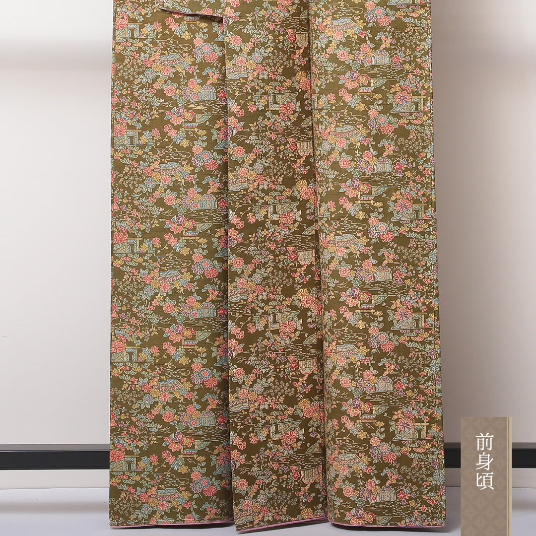 小紋(紬) 袷 身丈159cm 裄丈66cm 正絹 Sランク Mサイズ 広衿 インフォーマル 茶屋辻 緑系 1215-02226