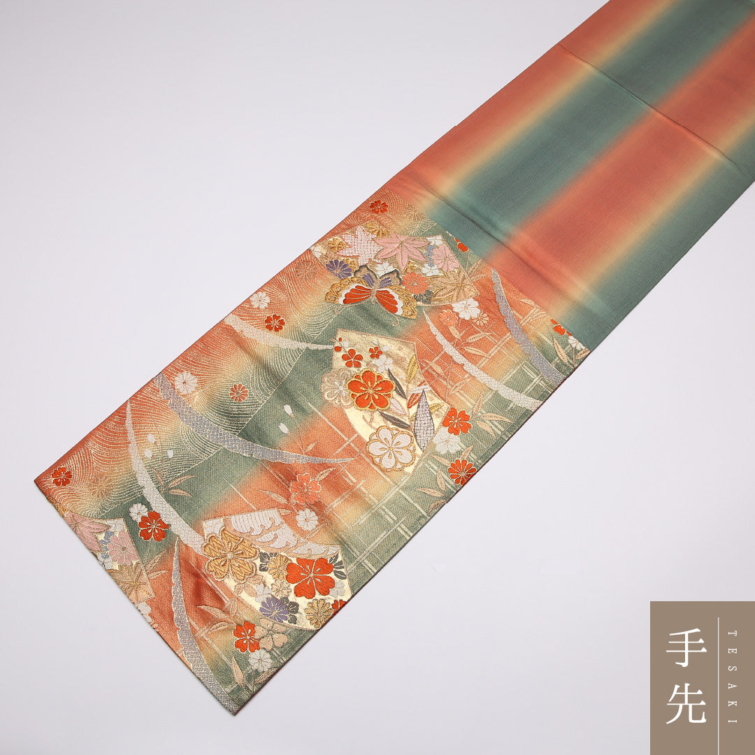 振袖用 袋帯 帯丈422cm 正絹 六通 唐織 花扇 蝶 赤系 緑系 1243-01039