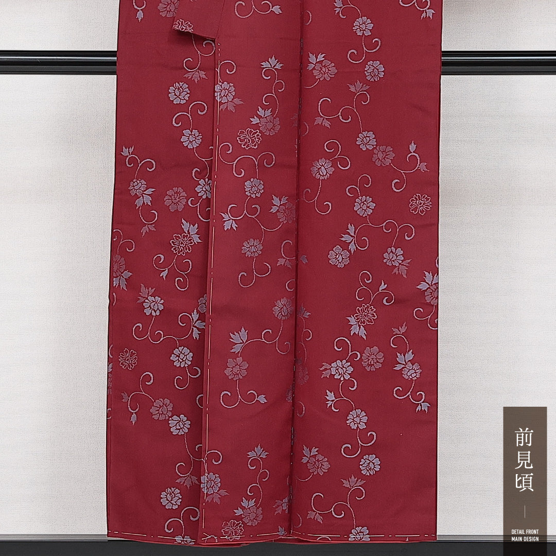 アンティーク お召 袷 身丈150cm 裄丈62cm 正絹 Aランク バチ衿 Sサイズ 唐草牡丹 赤系 RP 1222-14237