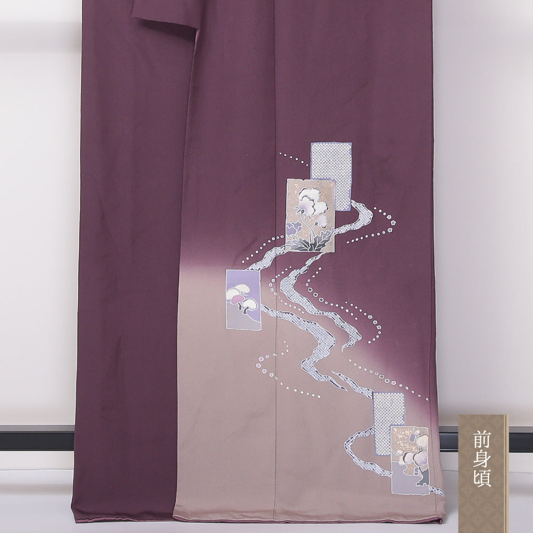 訪問着 袷 身丈167cm 裄丈67cm 正絹 Aランク セミフォーマル 広衿 XLサイズ 琳派 ぼかし染 金箔 花柄 紫系 RP 1217-04601