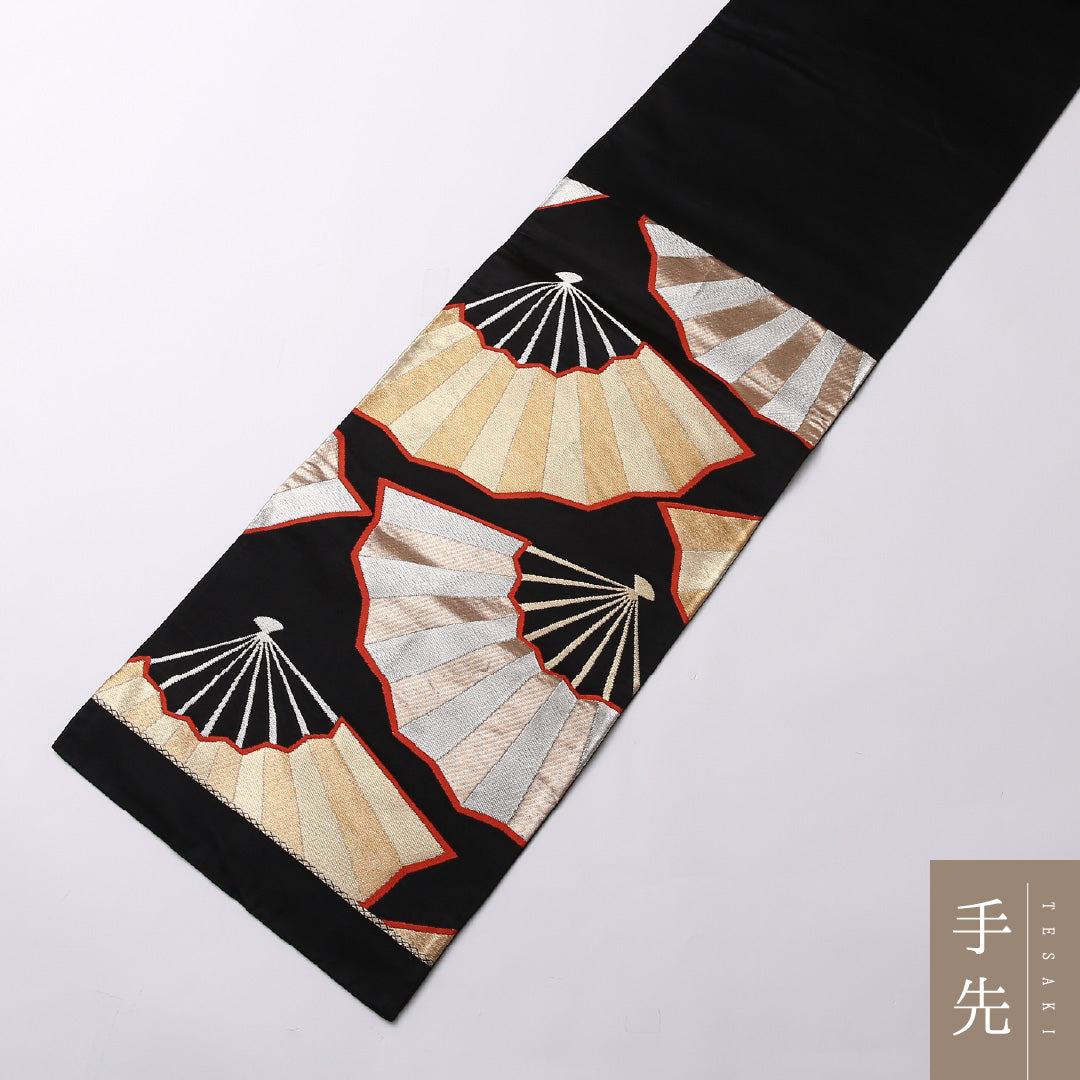 袋帯 帯丈424cm 正絹 六通 フォーマル 扇 吉祥文様 黒系 1243-01577