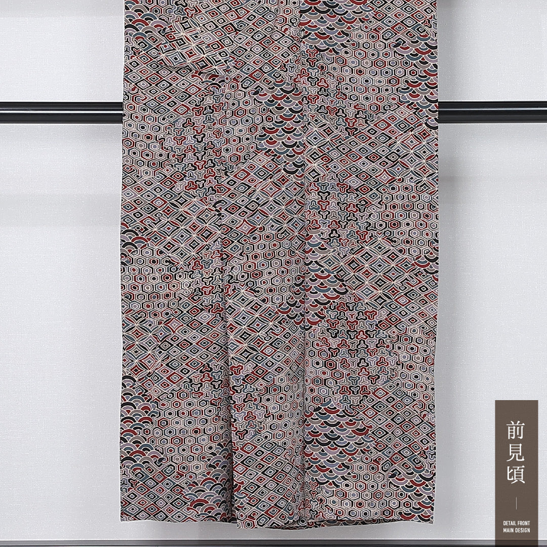 小紋 単衣 身丈145cm 裄丈63cm 正絹 Sランク インフォーマル 広衿 XSサイズ 毘沙門亀甲 多色系 RP 1221-12196